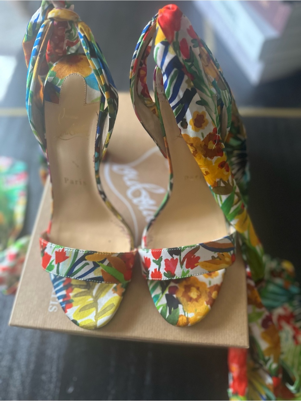 Christian Louboutin Multicolor Floral Tie-Up Sandals with Yellow Accents